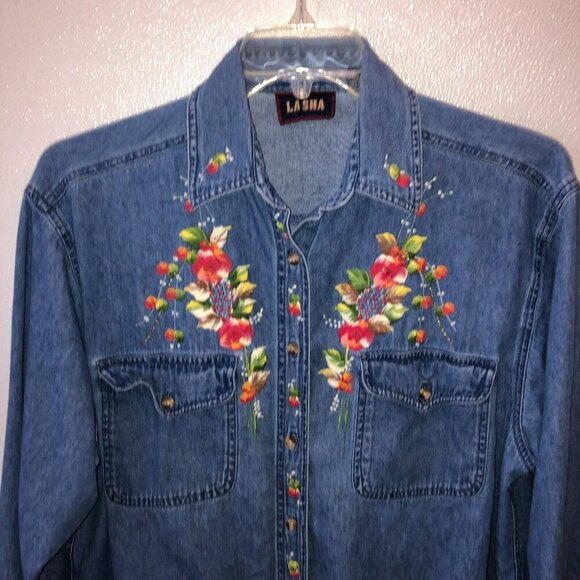 VTG Lasha Large Denim Flower Painted Floral Long Sleeve Button Up Shirt Top Sz L - Picture 5 of 10